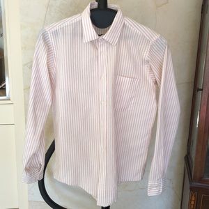 Boys red!pink & white striped button up dress shirt. Size 20- neck 14 1/2”